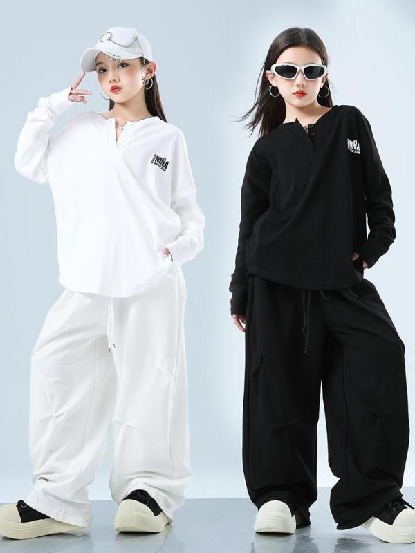 ダンス練習着 女の子 ゆったり ビッグシルエット かわいい ヒップホップ ジャズダンス ストリートダンス 綿 柔らかい スポーツ カジュアル セット 白 黒 春秋