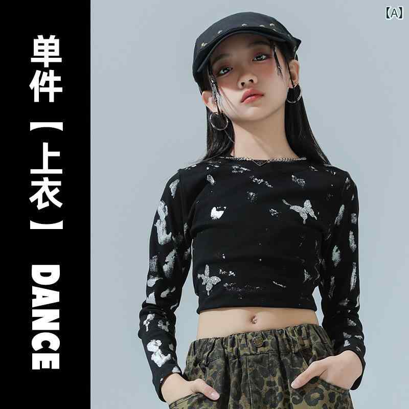 ダンス服 女の子 ヒップホップ ストリートダンス ジャズダンス パフォーマンス セット 長袖 蝶柄 トップス ヒョウ柄 カーゴパンツ 綿 春秋 トレンド 個性 黒 白 黄 4,151円