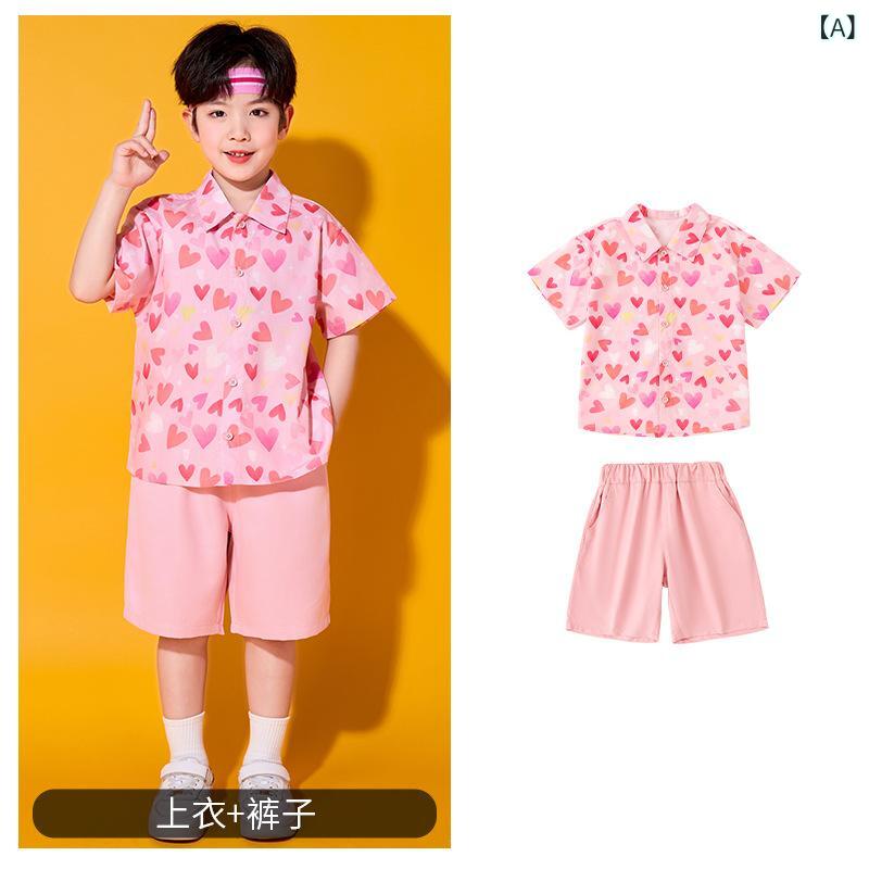 チアリーディング衣装 子供 男の子 女の子 夏 ピンク ハート柄 半袖シャツ 短パン プリーツスカート セット 柔軟 ポリエステル ダンスパフォーマンス 運動スタイル かわいい