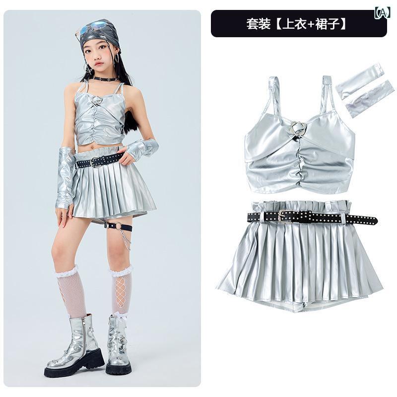 子供 ダンス衣装 男の子 女の子 ストリートダンス ジャズダンス ヒップホップ トレンド 銀 袖キャミソール プリーツスカート 綿 夏 ステージ ランウェイ おしゃれ かわいい セット