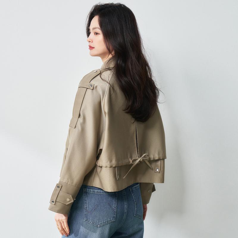 レザージャケット 皮ジャケット レディース ショート丈 合成皮革 ツイル ラペル シングルボタン ルーズフィット ロングスリーブ カーキ 秋 カジュアル 日韓風 普段使い｜おうち健康生活