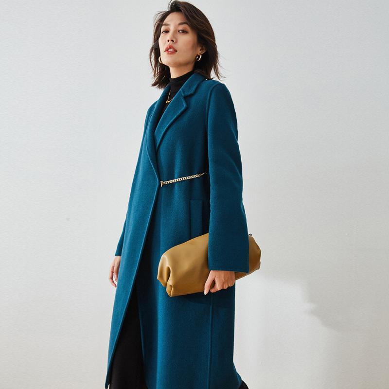 コート レディース 秋冬 ウール ダブルフェイス ロング丈 ラペル シンプル ウエストベルト チェーン ストレート ソリッド 通勤 アーバン 黒 アイボリー ターコイズブルー｜おうち健康生活