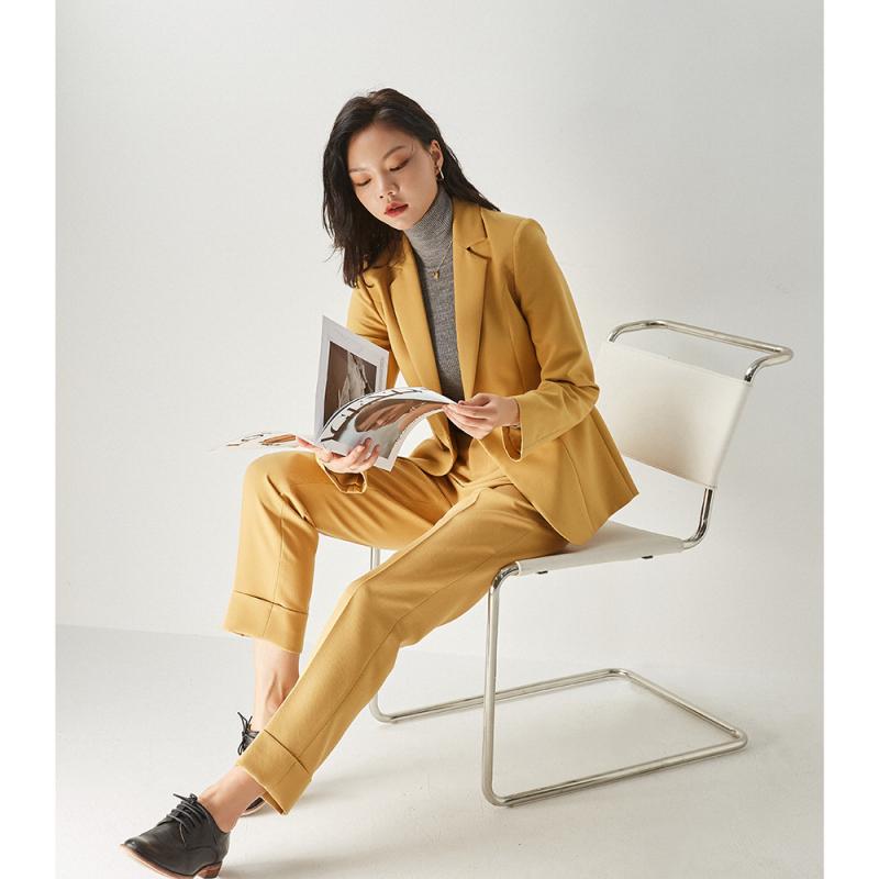 スーツ レディース ジャケット パンツ セット ラペル シングルブレスト 長袖 ロングパンツ 通勤 都市 エレガント ポリエステル 混紡 ソリッドカラー 黄 黒 春