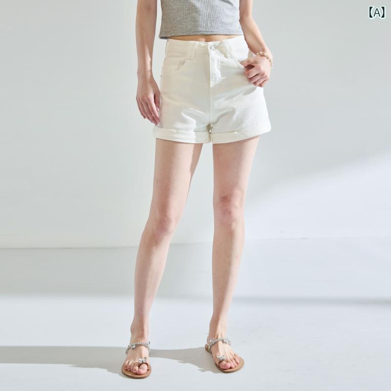 ショートパンツ 白 デニム 薄手 ハイウエスト ストレート スリム ヒップハグ ロールアップ Aライン 夏 カジュアル 綿混 ポリエステル 微弾性 ウォッシュ加工 ポケット 中厚 基本款 韓国