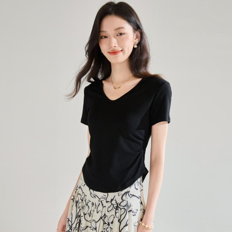 Tシャツ 夏 Vネック 半袖 綿 ストレッチ プリーツ ウエスト スリム トップス インナー カジュアル 白 青 黒 韓国 ベーシック シンプル