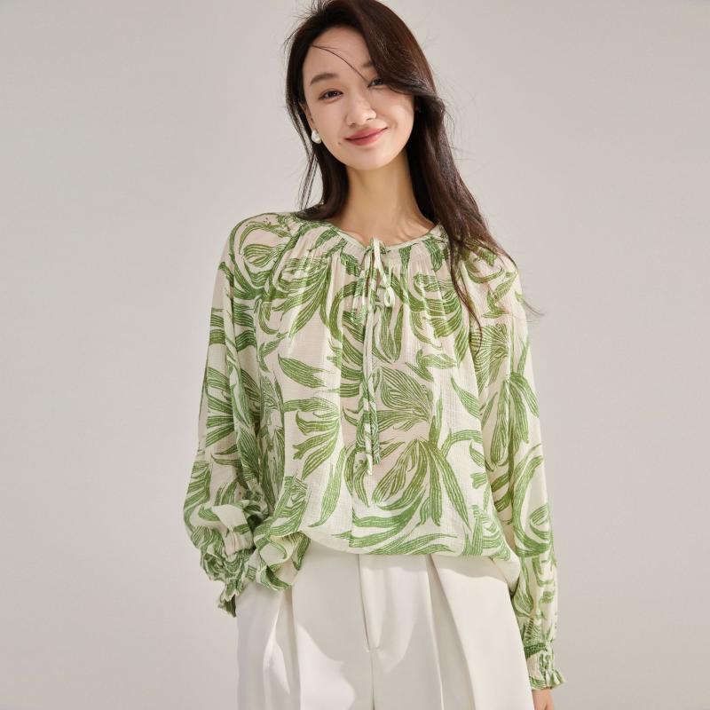 シャツ レディース 秋 緑 葉柄 プリント ルーズ 長袖 ドローストリング UVカット 通勤 シフォン ポリエステル 植物 花柄 丸首 ランタンスリーブ プルオーバー