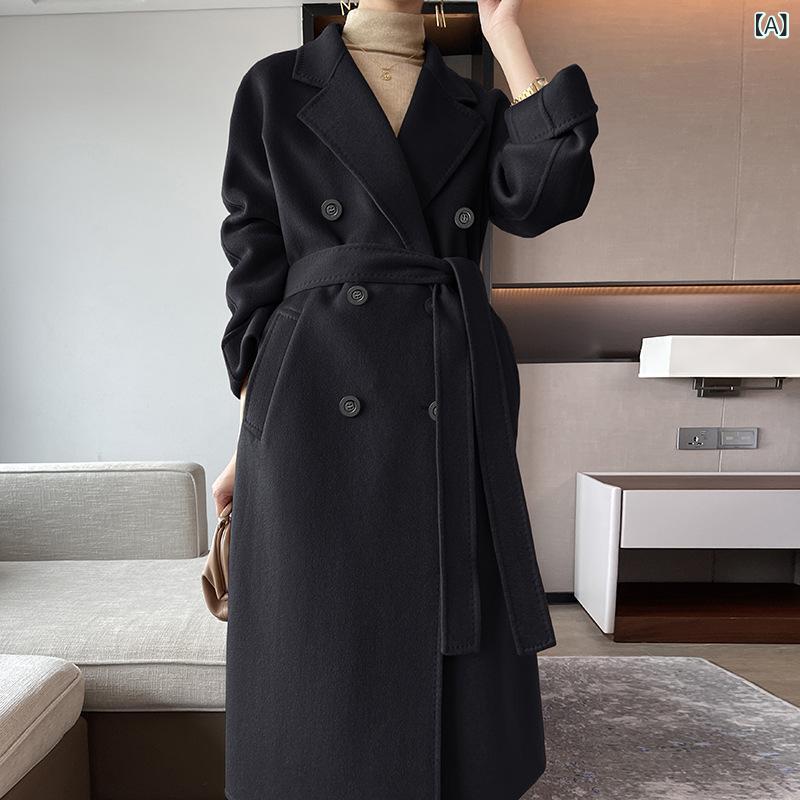 レディース ウールコート 秋冬 ロング丈 ダブルフェイス キャッシュメア混 厚手 ストレート ダブルブレスト テーラードカラー ラグラン袖 通勤 エレガント 韓国 ブリティッシュスタイル キャメル ブラック
