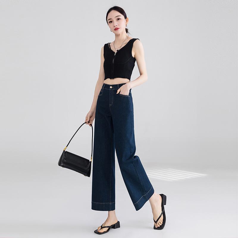 デニムパンツ レディース ハイウエスト 9分丈 ストレート 春夏 コットン混紡 微弾性 通勤 エレガント スリミング ペティ向け 本切ポケット 微フレア ウォッシュド 青|おうち健康生活