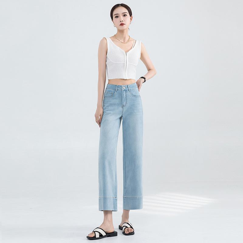 デニムパンツ レディース 春夏 ハイウエスト 9分丈 ストレート コットン 微弾力 通勤 細見え ライトブルー ウォッシュド 中厚 ストレッチ ベーシック スタイル|おうち健康生活