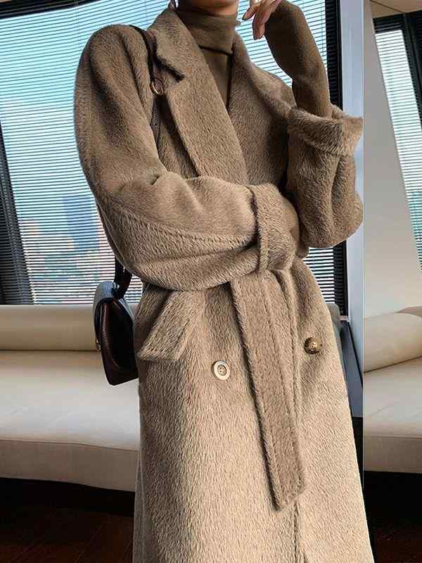 コート レディース アルパカ毛 ロング丈 超厚手 暖かい ストレートシルエット テーラードカラー 長袖 ダブルブレスト 冬 レトロ風 暖か ウール混 無地 黒 白 キャメル