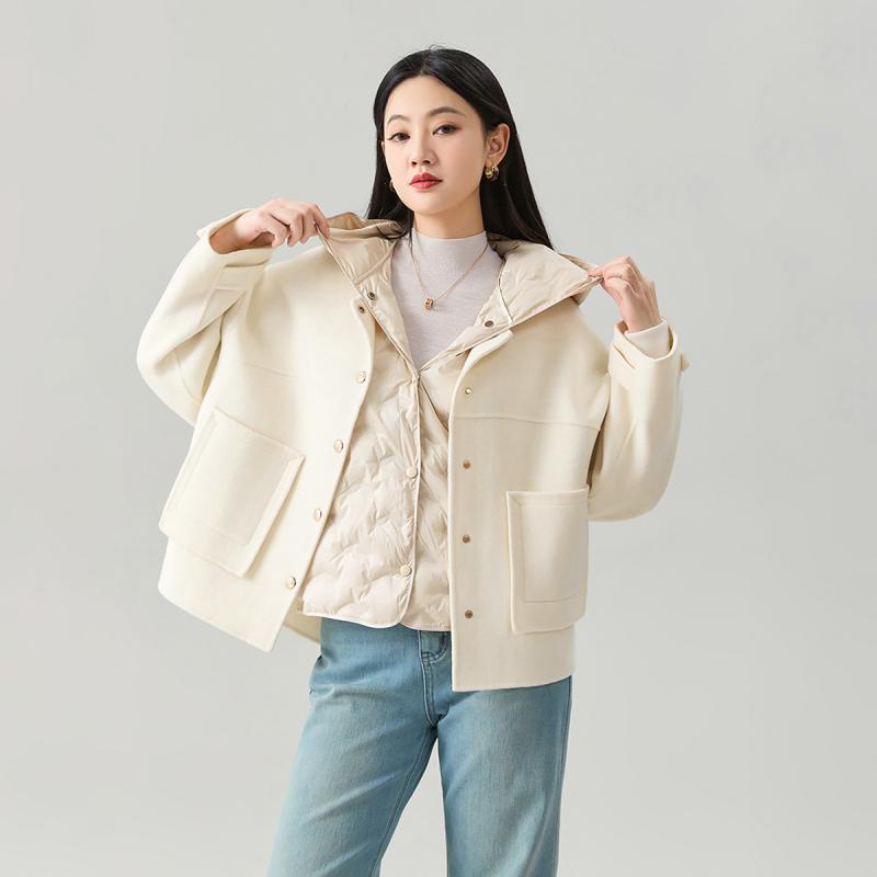 ウールコート レディース ダブルフェイス ウール シングルブレスト ゴールドボタン ルーズフィット ミディアム丈 ロングスリーブ フード ベスト ダウン入り ポリエステル セット 黒 白 ピンク 通勤 ポケット 中厚手 無地