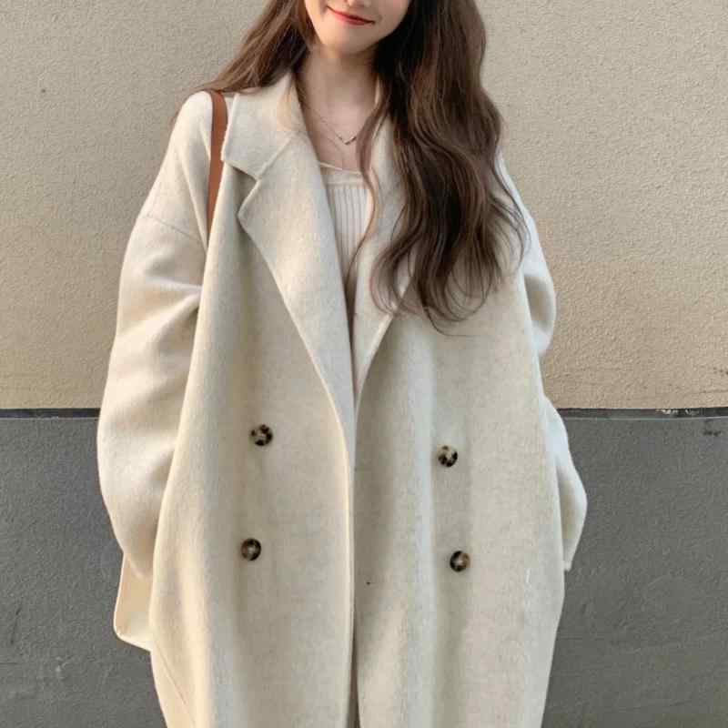 コート レディース 秋冬 ウール ロング丈 Vネック 長袖 ゆったり 通勤 ポケット 切り替え 韓国 オフホワイト ブラック 上品 ミドルウェイト ポリエステル混 軽量