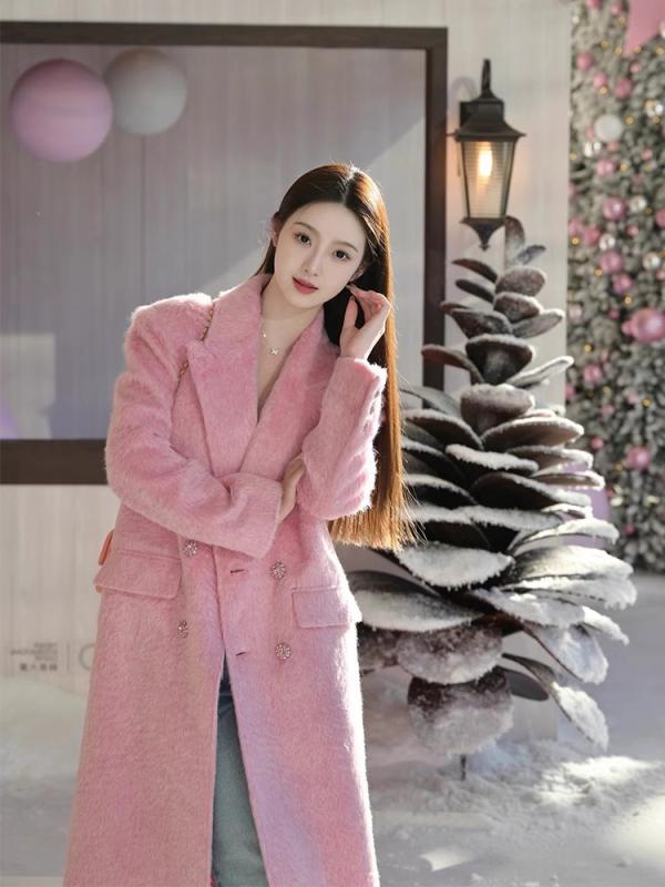 コート レディース ウール ポリエステル ロング丈 韓国 フレンチ風 高級感 通勤スタイル ピンク 春 中厚 ストレート 長袖 テーラードカラー シングルブレスト 無地 ボタン｜おうち健康生活