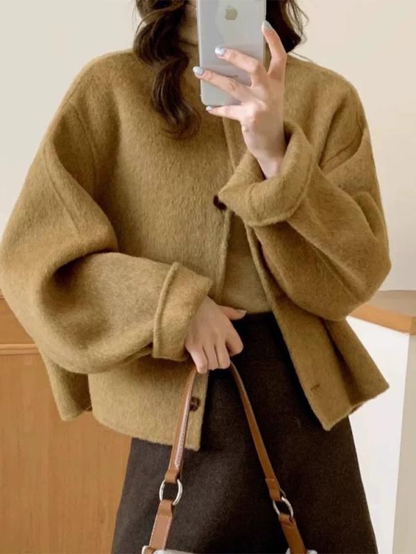 コート レディース ウール 短め 小柄 ゆったり ラウンドネック 長袖 厚手 純色 ポケット ボタン 日韓 カジュアル 秋 イエロー グレー ブラック 5,462円