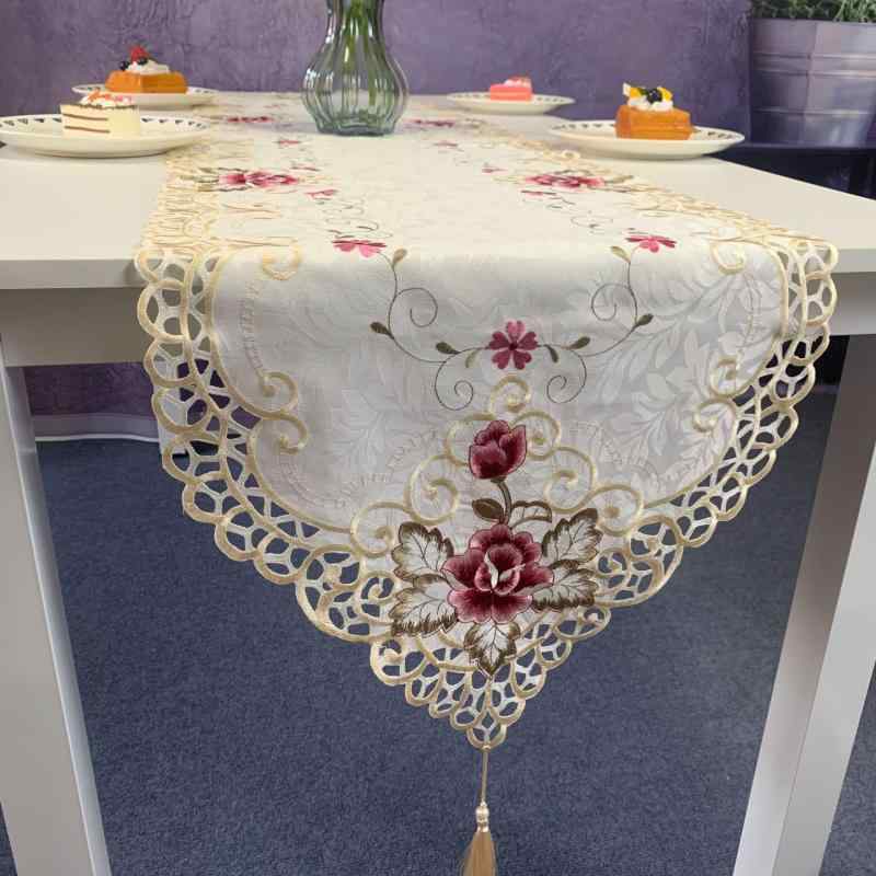 テーブルランナー アメリカン モダン シンプル 花刺繍 葉柄 透かし フリンジ タッセル 白 ポリエステル リビング ダイニング 書斎 ベッドルーム 店舗 ローテーブル テーブルクロス おしゃれ インテリア