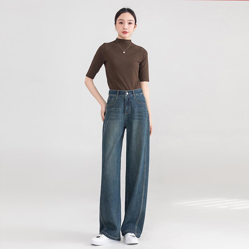 デニムパンツ レディース 春夏 通勤 ハイウエスト ストレート ルーズ ワイドレッグ シームレス レトロ スリムシルエット 小柄 リアルポケット 微弾性 綿素材 中厚手 レトロブルー ライトブルー|おうち健康生活