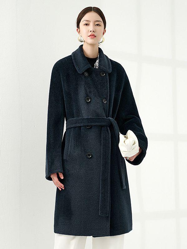 コート レディース アルパカウール ロング丈 厚手 アウター 保温 ルーズフィット ダブルブレスト ラペルカラー 長袖 秋冬 無地 グリーン ブラック｜おうち健康生活