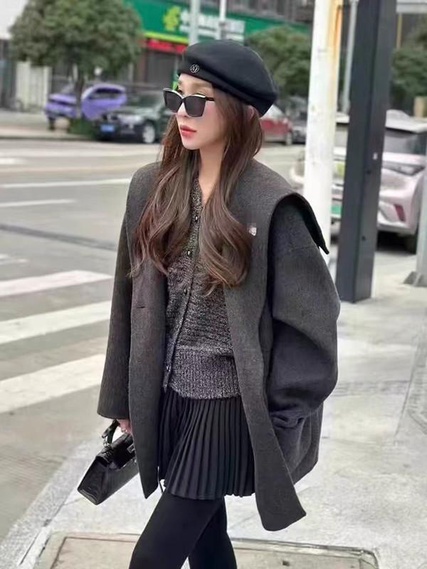 コート レディース 両面ウール 毛織 ゆったりシルエット ミドル丈 セーラーカラー 長袖 中厚 手縫い シンプル 高級感 リラックススタイル 秋 チャコール ベージュ ライトイエロー