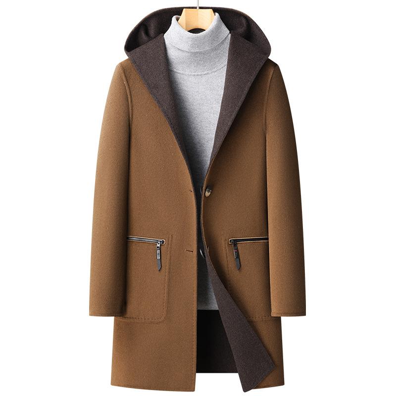 コート メンズ 秋冬 フード ダブルフェイス ウール 中長丈 スリムフィット 厚手 シングルブレスト ノンアイロン ステッチ フラップポケット ストレートヘム 黒 グレー ブラウン