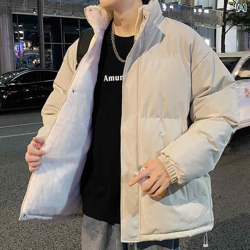 コート メンズ 青少年 スタンドカラー 単色 厚手 ポリエステル 中綿 ジップアップ フリースライニング 冬 カジュアル 韓国 ベージュ 黒 ピンク サイドポケット ストレートヘム 軽量 吸湿速乾