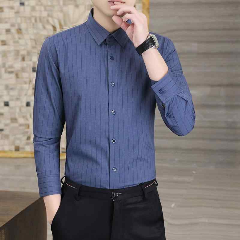 シャツ メンズ 長袖 開襟 尖襟 細ストライプ スリム 軽ビジネス カジュアル 春 通気性 ポリエステル混紡 白 黒 青