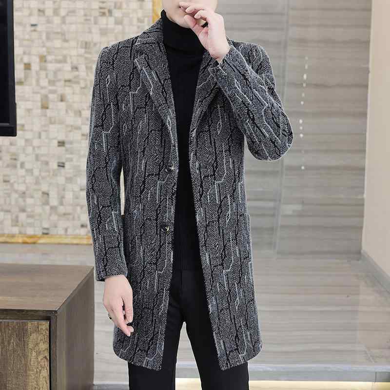 コート メンズ 青年 冬 幾何学 ジャカード 中長丈 ウール混紡 厚手 スリム スーツカラー シングルブレスト パッチポケット ストレートヘム カジュアル 韓国 グレー ブラウン デイリー|おうち健康生活