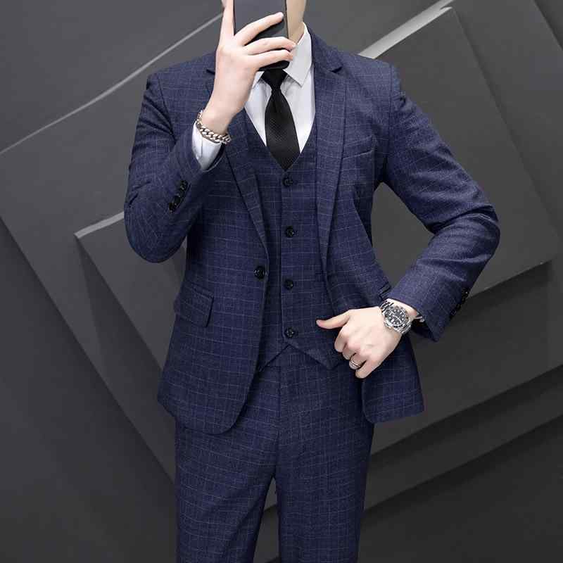 スーツ メンズ 細チェック柄 軽ビジネス スリムフィット セット 春秋 カジュアル レーヨン混紡 平?領 後中開・楷 ボタン飾り グレー ブルー