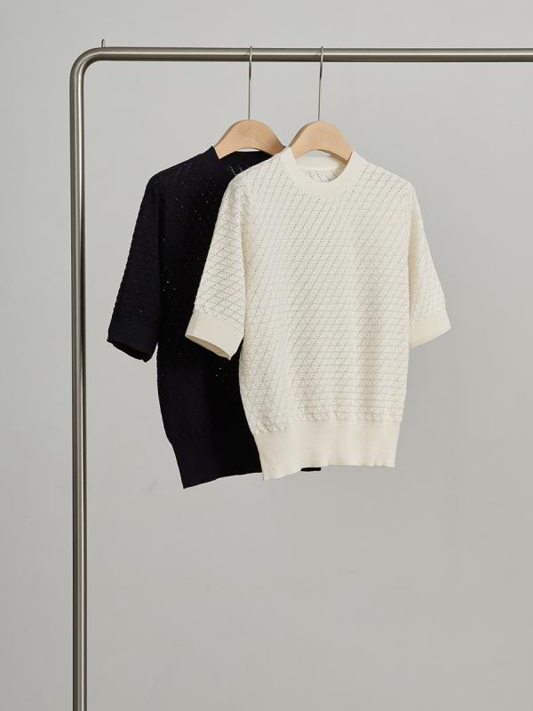 Tシャツ レディース 七分袖 丸首 コットン 混紡 ゆったり ニット 無地 夏 通勤 カジュアル 普段使い エレガント ストレート ミドル丈 ネイビー 白