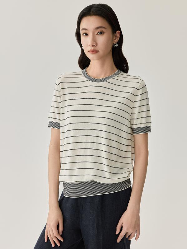 Tシャツ レディース 夏 半袖 ストライプ 丸首 ニット トップス ゆったり スリム 通勤 アーバン 白 黒