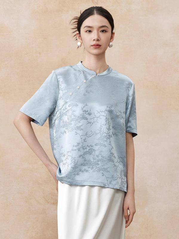 現代的 中国風 ブラウス レディース 春夏 真 半袖 刺繍 チャイナカラー 花柄 純色 シンプル 上品 通勤スタイル 青 シャンパン 黒 プルオーバー