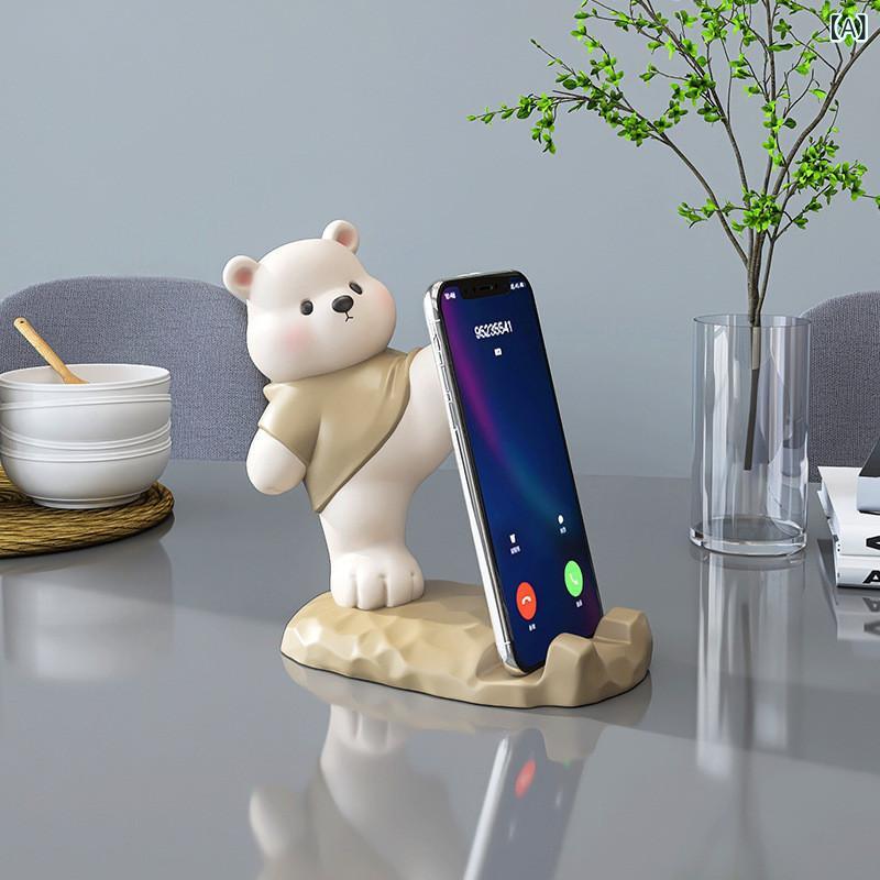 スマホスタンド タブレットホルダー かわいい小熊 デスクトップ置物 オフィスインテリア レジン 茶色 ピンク ブルー デコレーション アクセサリー