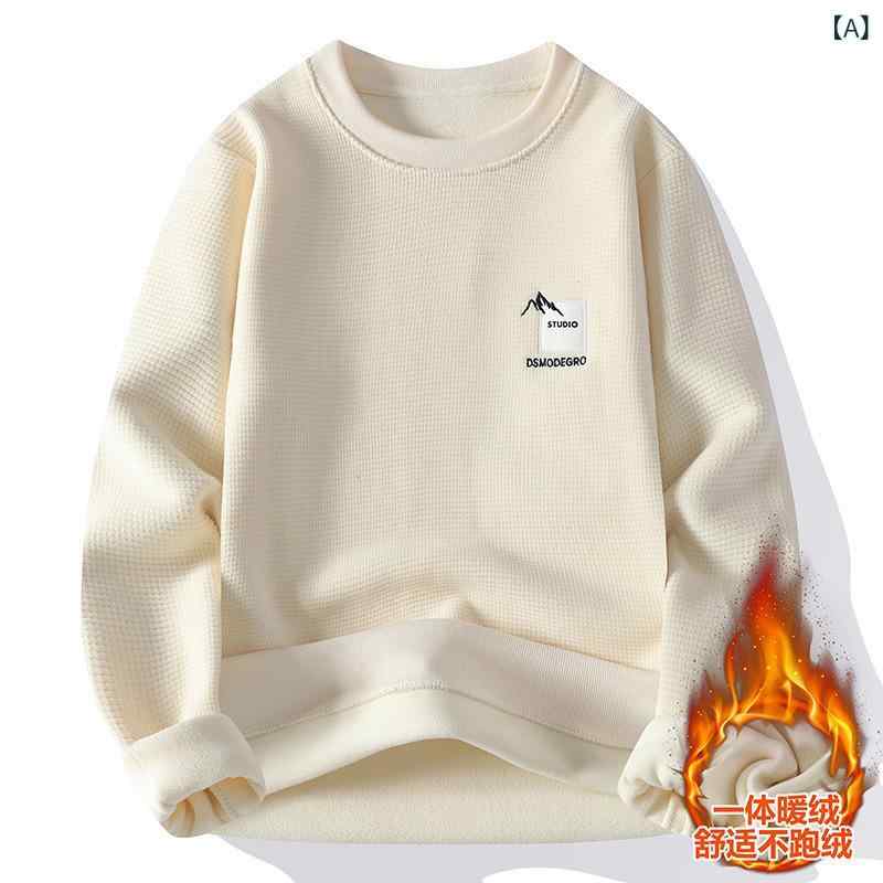 スウェット レディース 秋冬 厚手 フリース裏 ワッフル 格子 アルファベット パッチ アウター ストレート シルエット 長袖 プリンセス スリーブ クルーネック シェニール 生地 スパンデックス 混 米白 黒 カーキ マチュア スタイル カジュアル エ
