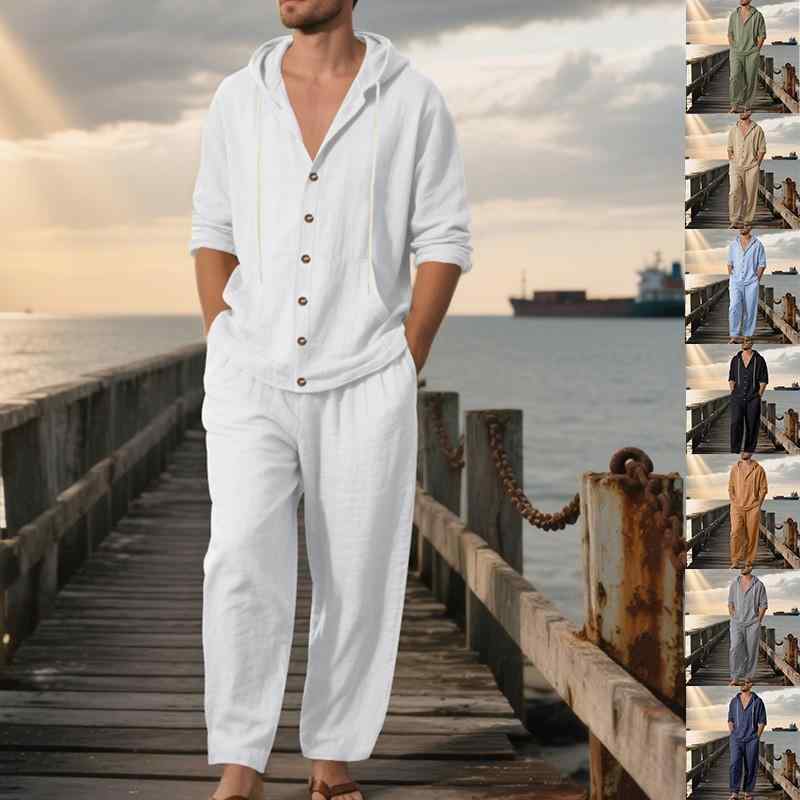 メンズ レジャー セット 長袖 フード シャツ ルーズ ロングパンツ リネン 混紡 春秋 薄手 白 紺 黒 ビーチ カジュアル 普段使い ルーズフィット