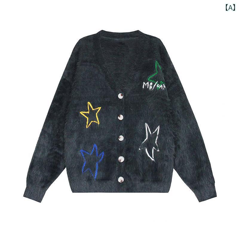 カーディガン メンズ Vネック 長袖 ルーズ グレー レトロ アメリカン 星柄 刺繍 ニット ストリート カジュアル 普段使い 春秋 ポリエステル アウター ノンアイロン ヤング