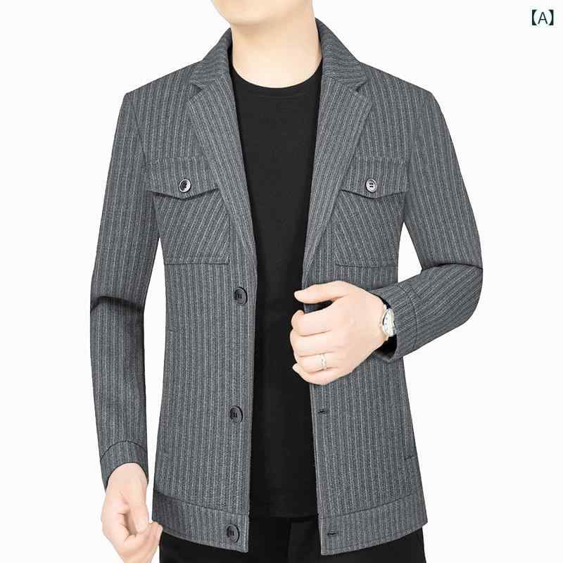 ジャケット メンズ 50代 大人 ビジネス カジュアル 中長丈 薄手 ラペル 条紋 長袖 ポリエステル 防風 春秋 グレー ブラウン スリムフィット シングルブレスト リブ裾 ストレートヘム サイドポケット｜おうち健康生活 7,424円