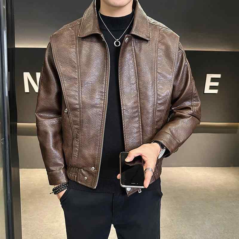なめし革上衣 メンズ ライダース むすび付けるなめし革 ルーズフィット ダブル乳ぶさ 照明ランプ色合い 真っただ中丈 アウター 春夏 赤銅色 黒いこと 心地よい 運動競技