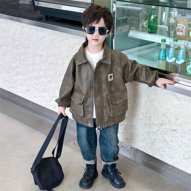 キッズ ジャケット 男の子 春秋 PUレザー 秋服 子供 上着 長袖 短丈 動物柄 スタンドカラー 柔らかい 茶色 普段使い カジュアル