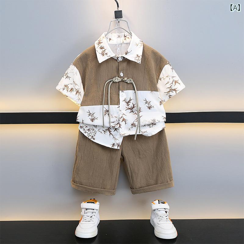 漢服 男の子 半袖 夏 中国風 セット 唐装 古装 幼稚園 演出服 綿混紡 かわいい 柄 こげ茶 柔軟素材 普段使い イベント 3歳から8歳向け