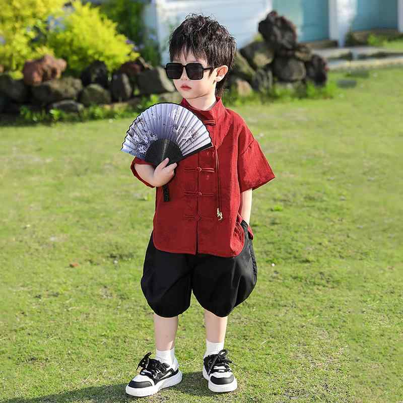 漢服 男の子 夏 半袖 シャツ セット 赤 綿 薄手 柔らかい イラスト柄 古風 国風 モダン 普段使い カジュアル かっこいい おしゃれ 軽量 ソフトタッチ 3-8歳 ファッション イベント