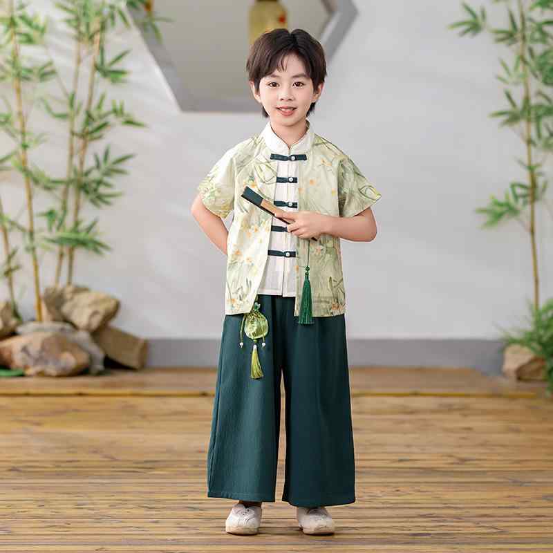 子供漢服 男の子 女の子 夏 中国風 古装 セット 民国風 唐装 綿麻の柔らかい素材 軽量 普通厚 かわいい カートゥーン調 幼稚園 朗読 舞台 演出服 民族服装 伝統衣装 子供パフォーマンス