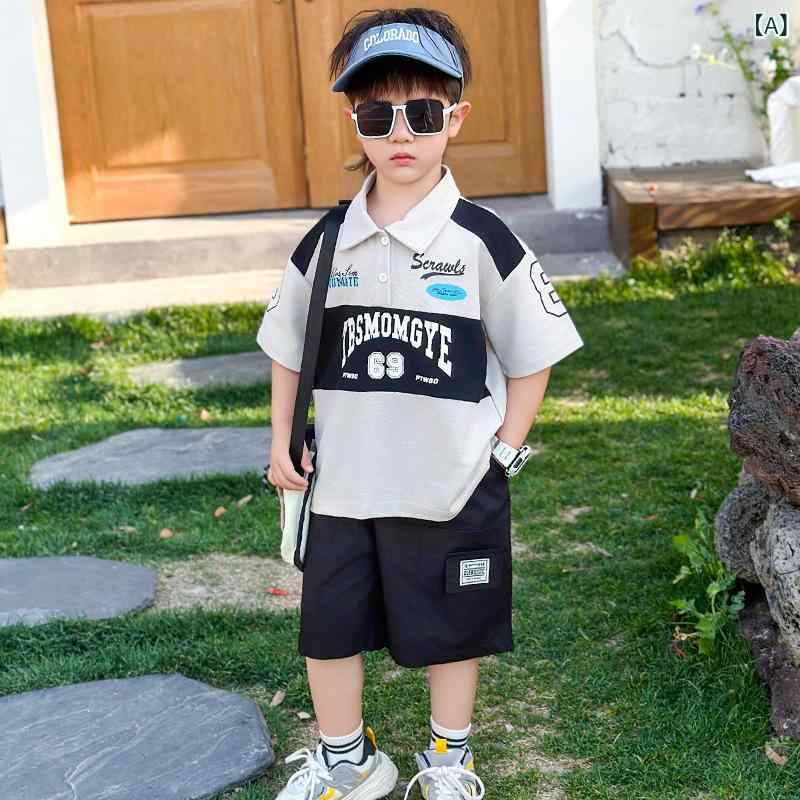 ポロシャツ 男の子 夏 半袖 綿 ゆったり 切り替え かわいい カートゥーン柄 ショートパンツ セット 薄手 柔らかい 韓国 運動 普段使い 軽量 ストリート スタイル アイボリー 黒