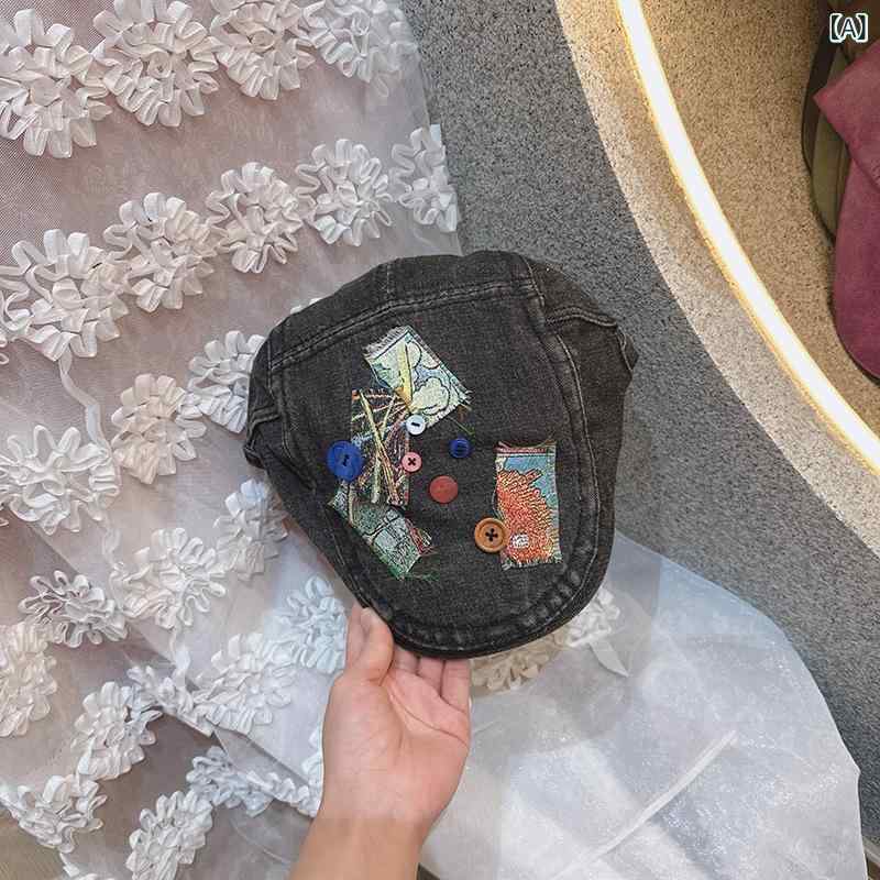 ベレー帽 レディース デニム ボタン パッチ ストリート スタイル かわいい 綿 素材 通気 速乾 UVカット 遮陽 春夏 黒 ライトブルー ダークブルー