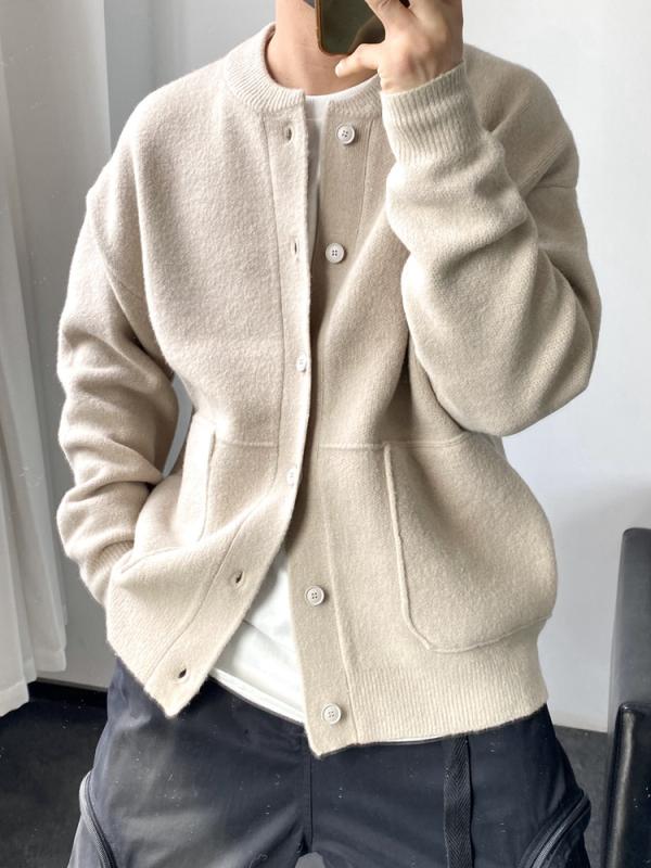 ニット カーディガン メンズ 秋 ルーズ シンプル 厚手 クルーネック ロングスリーブ ポリエステル 普段使い ノンアイロン 杏 黒 緑
