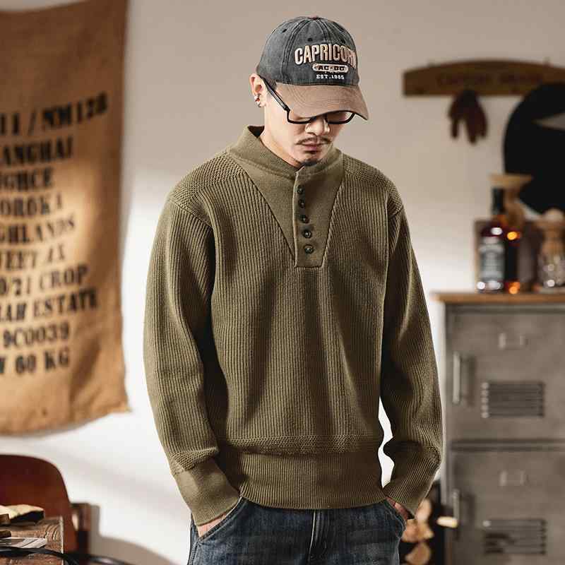 ニットセーター メンズ ヘンリーネック 長袖 ルーズ ウール 保温 レトロ アメリカンスタイル 秋冬 グレー カーキ グリーン 普段使い 青年向け