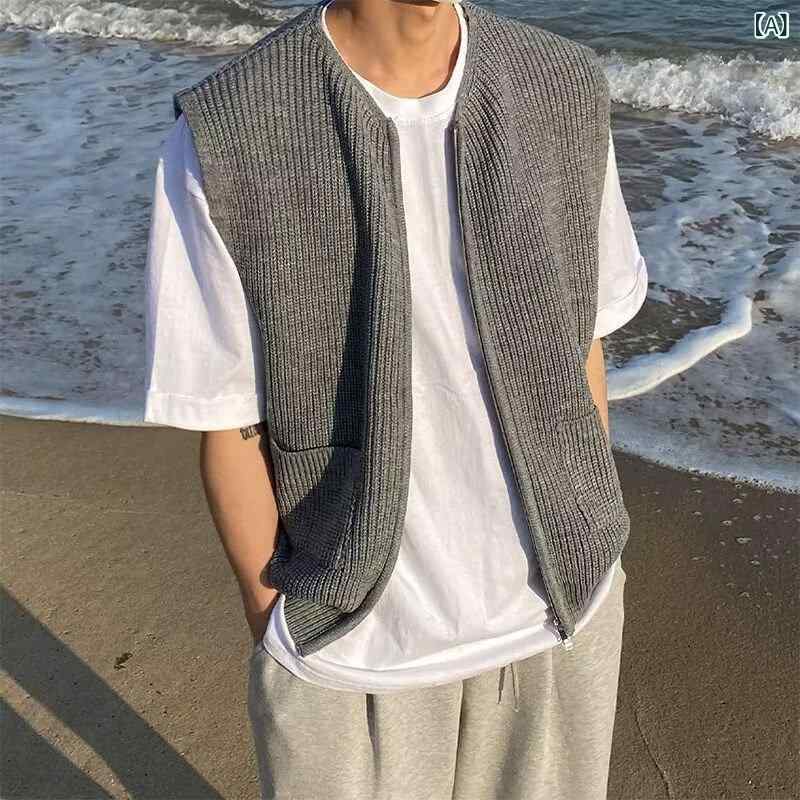 ニット メンズ ラウンドネック ノースリーブ ジッパー ベスト カーディガン ストレート ルーズ コットン混紡 ポリエステル カジュアル 普段使い 春秋 グレー ブラック リブ仕上げ