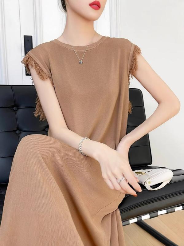 ワンピース レディース 春夏 ノースリーブ ラウンドネック 接触冷感 ニット ハイウエスト Aライン ロング丈 フリンジ スリム 通勤 黒 ベージュ カーキ