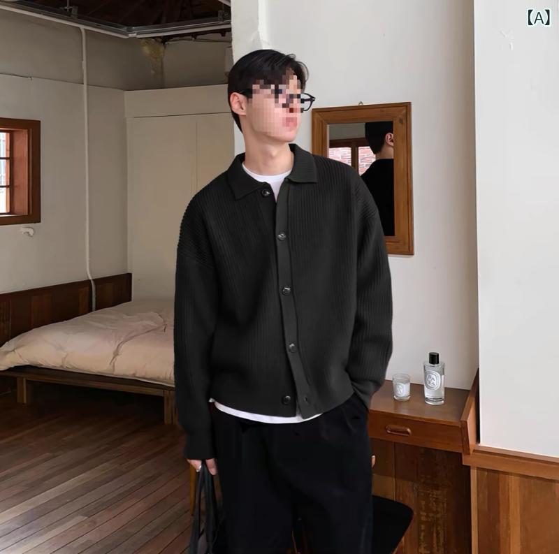 ニット カーディガン メンズ ゆったり 長袖 ターンカラー ポリエステル 混紡 高伸縮性 洗濯機可 ベーシック スタイル 普段使い 春秋 黒 赤 軍緑