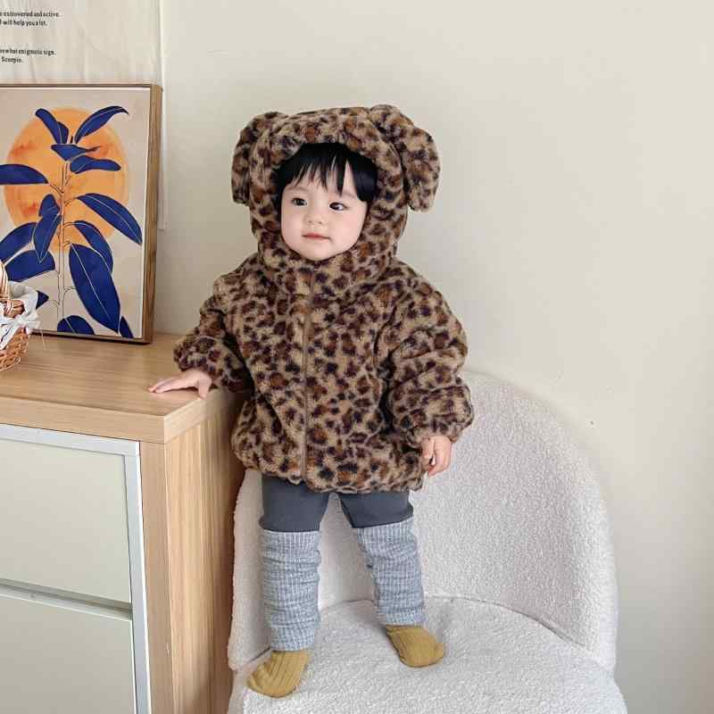 ベビー ジャケット 男の子 女の子 ヒョウ柄 フード ジップアップ クルーネック 秋冬 厚手 保温 柔らかい ポリエステル 合成繊維 グレー かわいい スタイリッシュ 普段使い