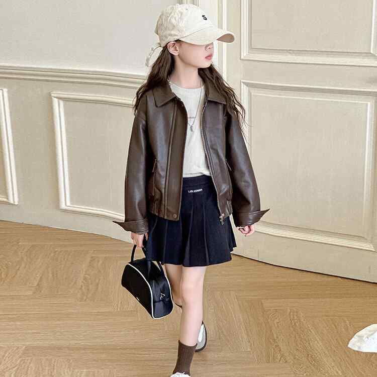 ジャケット 女の子 ジュニア 春秋 レザー カジュアル 長袖 ショート丈 ブラウン PUレザー 柔らかい ジッパー ラペル トレンド ストリート 普段使い 遊び着 ソリッドカラー ミドル厚 ソフトタッチ ポリエステル裏地