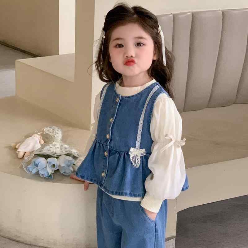 女の子 子供 デニム セット レース 蝶結び フリル ベスト 長袖 長パン 無地 綿 春 普段使い かわいい